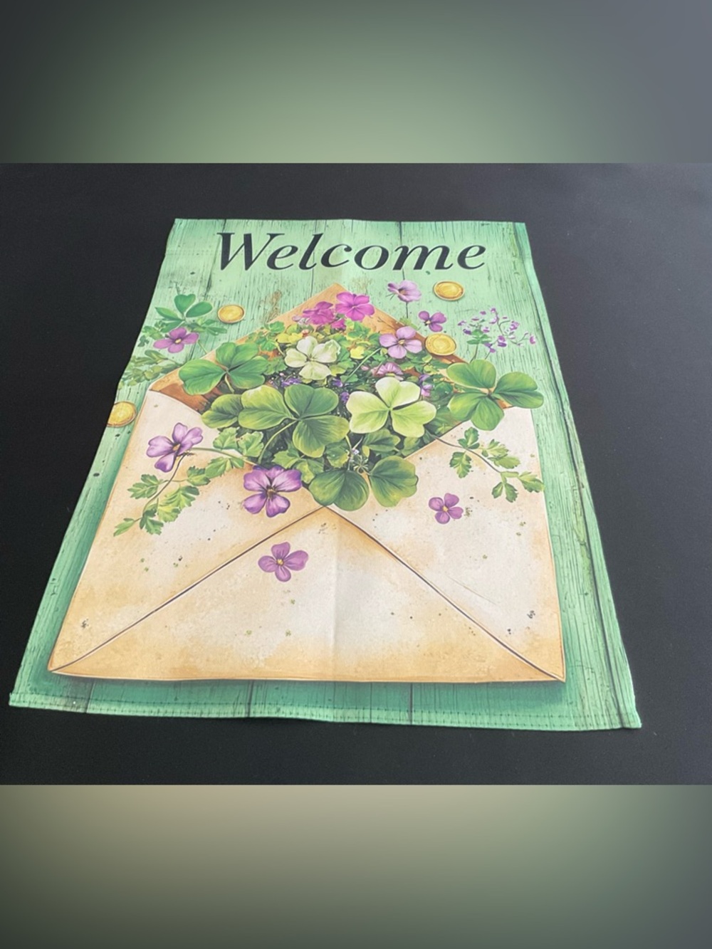 Welcome Floral Envelope Garden Flag - Green with Purple Accents